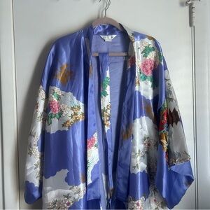 Floral Satin Kimono Robe - Blue and White